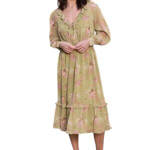 Plus size prarie style, floral flowy green midi dress size 2X cottagecore